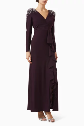 فستان سهرة بكشكش وتطريزات بالخرز جيرسيه