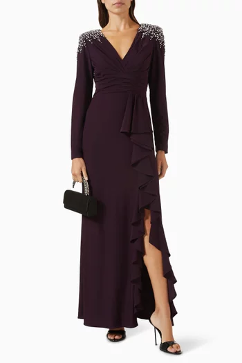Ruffle Beaded Gown in Jersey
