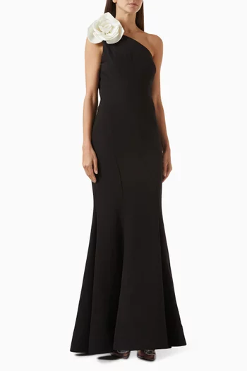 One-shoulder 3D Flower Mermaid Gown in Crepe