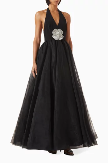 Halter Flower Gown in Jersey & Tulle