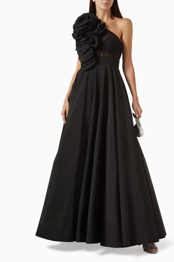 One-shoulder Ruffle Gown in Taffeta