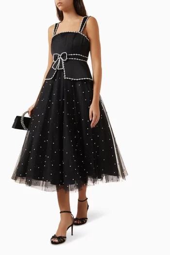 Pearl-embellished Midi Dress in Crepe & Tulle