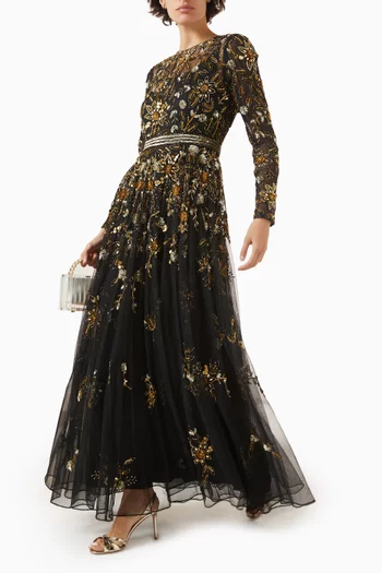 فستان سهرة بقصة شكل حرف A مطرزة بالخرز قماش شبكي