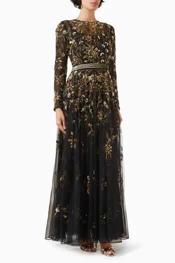 فستان سهرة بقصة شكل حرف A مطرزة بالخرز قماش شبكي