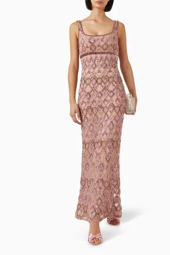 Embellished Square-neck Gown in Mesh