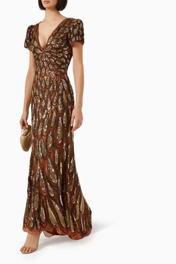 Beaded V-neck Gown in Mesh