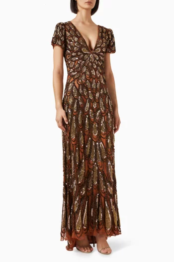 Beaded V-neck Gown in Mesh