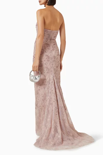 Beaded Strapless Bustier Cape Gown
