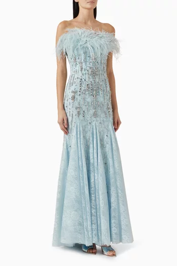 Strapless Feather-embellished Mermaid Gown