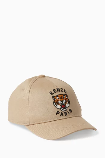 Tiger-embroidered Cap in Cotton Twill