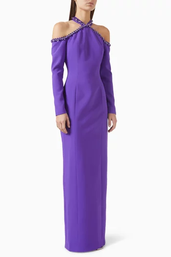 فستان سهرة مطرز بأكتاف مكشوفة كريب