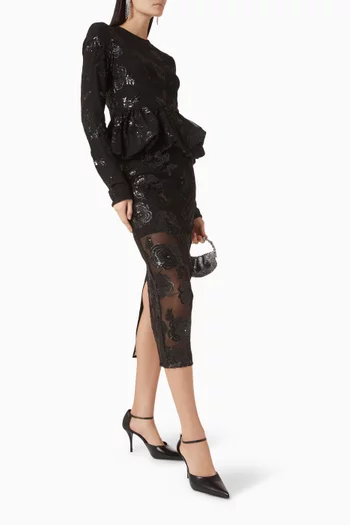 تنورة متوسطة الطول مطرزة بالترتر