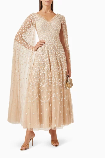 Clover Cape-sleeve Gown in Tulle