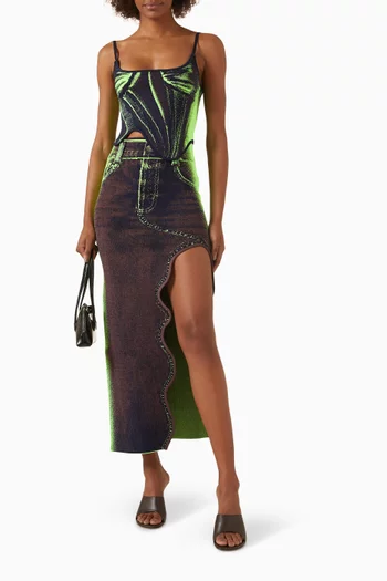 Lily Denim-print Wavy Midi Skirt