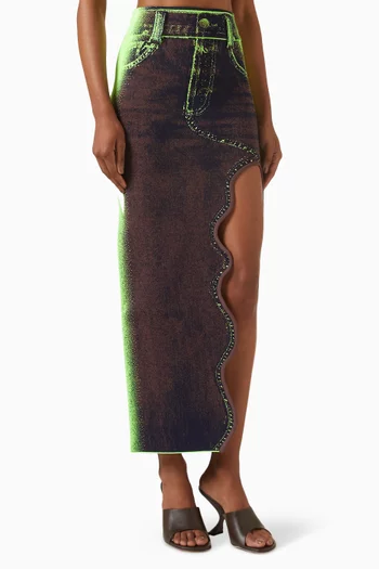 Lily Denim-print Wavy Midi Skirt