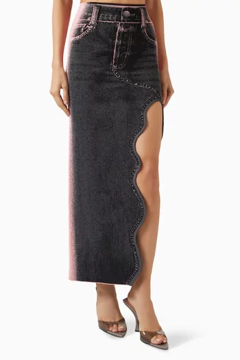 Lily Denim-print Wavy Midi Skirt
