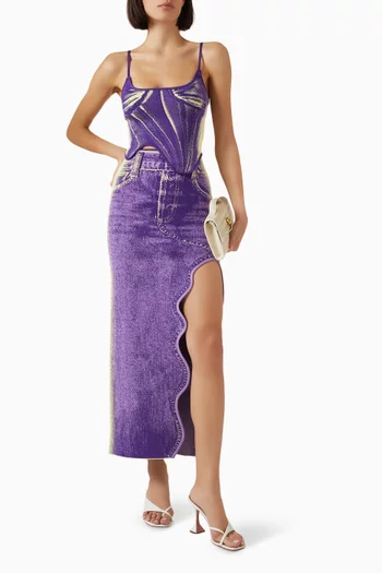 Lily Denim-print Wavy Midi Skirt