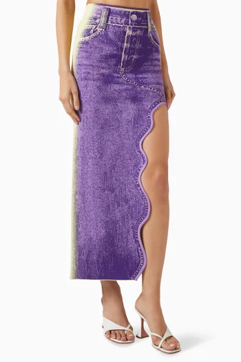Lily Denim-print Wavy Midi Skirt