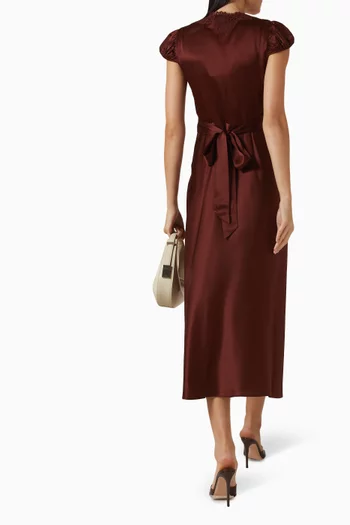 Coraline Embroidered Midi Dress in Silk Satin