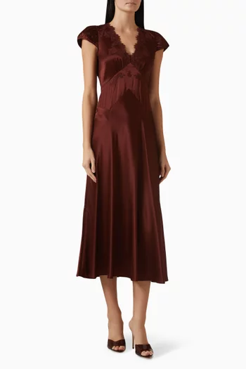 Coraline Embroidered Midi Dress in Silk Satin