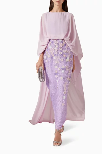 Embroidered Cape Dress in Organza & Chiffon
