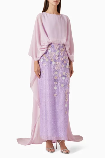 Embroidered Cape Dress in Organza & Chiffon