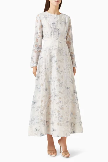 فستان متوسط الطول بنقشة زهور وتصميم مشد