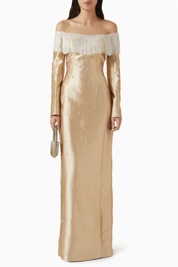 فستان تاليا طويل بأكتاف مكشوفة وتطريزات