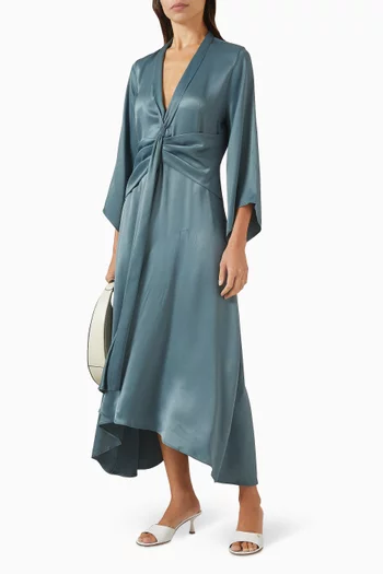 فستان متوسط الطول بخصر مزموم رايون