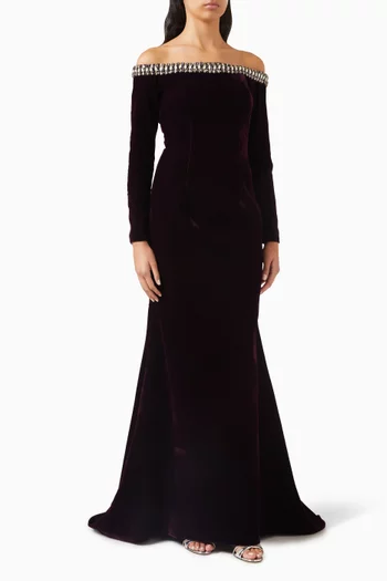 Andrea Off-shoulder Dress in Velvet & Crepe