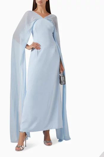 "Fitted dress in crepe with ruched and long sleeves in chiffon.Inner will be fitted.":Blue    :L|218755403