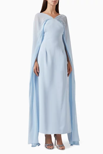 "Fitted dress in crepe with ruched and long sleeves in chiffon.Inner will be fitted.":Blue    :L|218755403