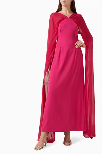"Fitted dress in crepe with ruched and long sleeves in chiffon.Inner will be fitted.":Dark Pink:XL|218755514