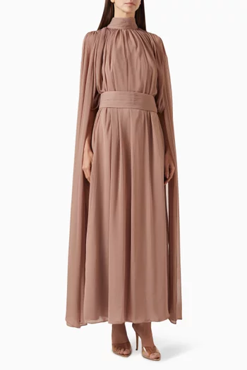 High-neck Cape Maxi Dress in Chiffon