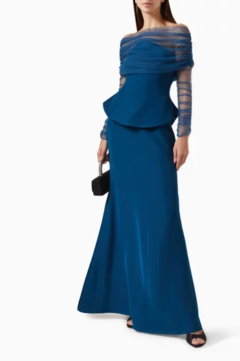 "Three pieces set: structured corset and skirt increpe with tulle crushed long sleeves top in tulle.":DARK BLUE:M|218755540