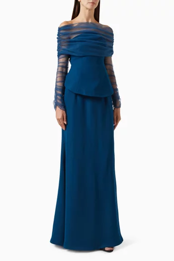 "Three pieces set: structured corset and skirt increpe with tulle crushed long sleeves top in tulle.":DARK BLUE:M|218755540