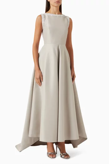 Pleated Embroidered Maxi Dress in Satin