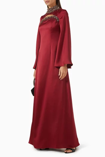 A sophisticated fitted dress featuring ahigh-neck collar and a graceful eye-shaped slit at the neckline, exquisitelyembellished with metallic goldleatherette, shimmering beads, andsparkling crystals for a striking, refinedlook:DARK RED:M|218756607