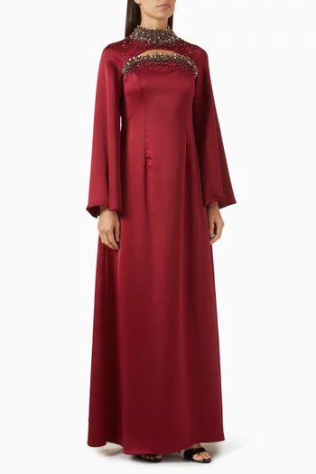 A sophisticated fitted dress featuring ahigh-neck collar and a graceful eye-shaped slit at the neckline, exquisitelyembellished with metallic goldleatherette, shimmering beads, andsparkling crystals for a striking, refinedlook:DARK RED:M|218756607