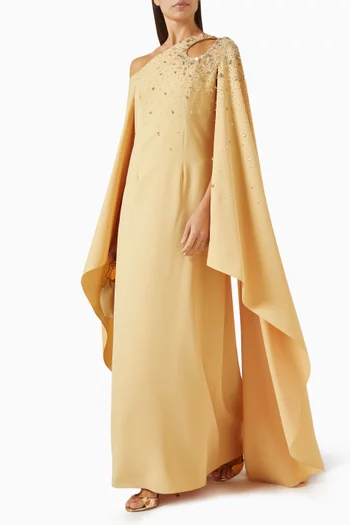 A one-shoulder fitted dress, featuring anelegant keyhole neckline and dramaticcape sleeves. Embellished with delicatecrystals and beadwork across theshoulder and bodice for a refined,luminous finish.:Yellow    :L|218756678