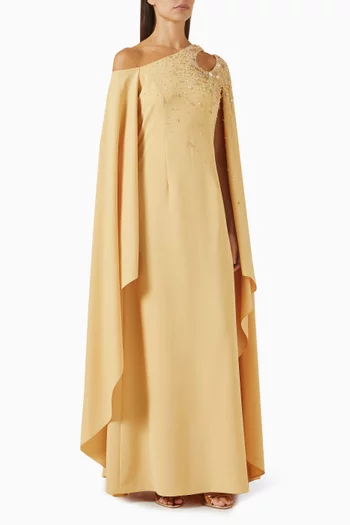 A one-shoulder fitted dress, featuring anelegant keyhole neckline and dramaticcape sleeves. Embellished with delicatecrystals and beadwork across theshoulder and bodice for a refined,luminous finish.:Yellow    :L|218756678