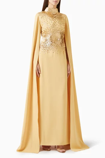 A refined fitted dress featuringmetallic floral applique on the bodice,beautifully complemented by flowingcape sleeves for an elegant andcontemporary silhouette:Yellow    :XL|218756656