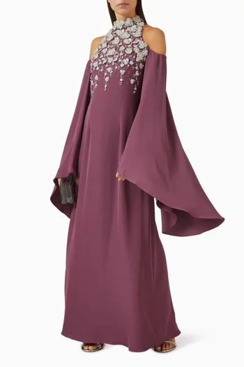 "A fitted high-neck halter dress adornedwith cascading floral crystalembellishments across the bodice,beautifully accentuated by flowing,ethereal sleeves for a touch of eleganceand movement":Dark Purple:S|218756636
