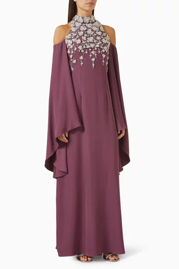 "A fitted high-neck halter dress adornedwith cascading floral crystalembellishments across the bodice,beautifully accentuated by flowing,ethereal sleeves for a touch of eleganceand movement":Dark Purple:S|218756636