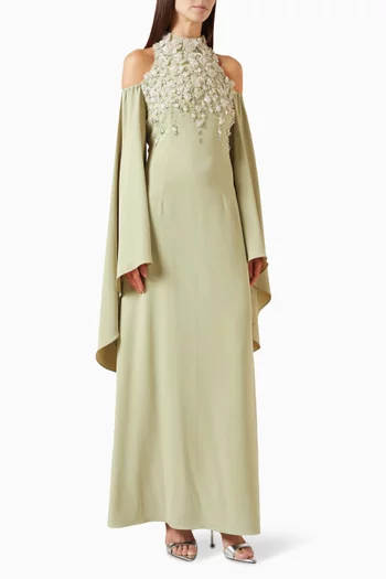 "A fitted high-neck halter dress adornedwith cascading floral crystalembellishments across the bodice,beautifully accentuated by flowing,ethereal sleeves for a touch of eleganceand movement":Green    :M|218756686