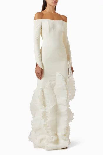 Ruffled Off-shoulder Maxi Dress in Crepe