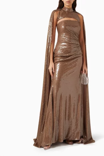 Gala Cape-style Sequin-embellished Maxi Dress
