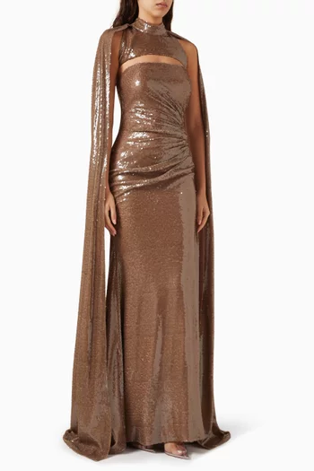 Gala Cape-style Sequin-embellished Maxi Dress