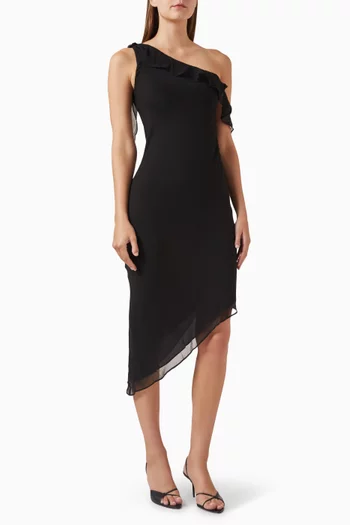 The Carrie One-Shoulder Midi Dress in Silk Georgette