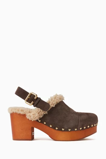 Jeannette Wedge 80 Clogs in Suede Calfskin & Shearling